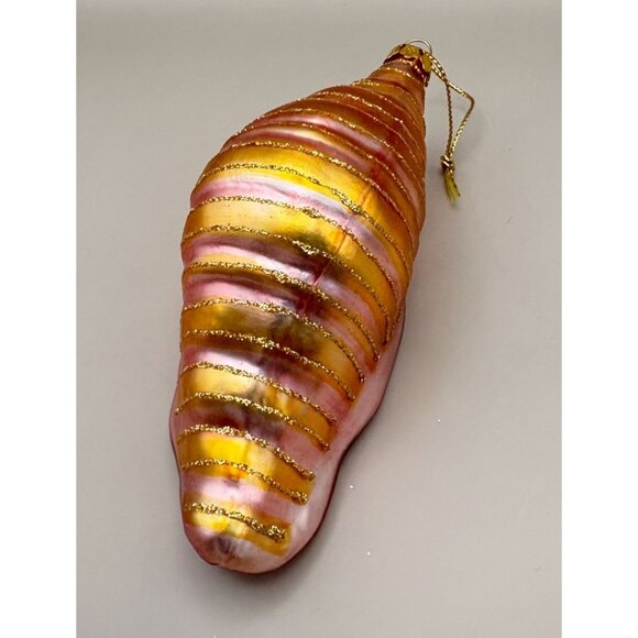 Glass Conch Shell Christmas Tree Ornament Gold Pink with Glitter Stripes - Picture 4 of 7